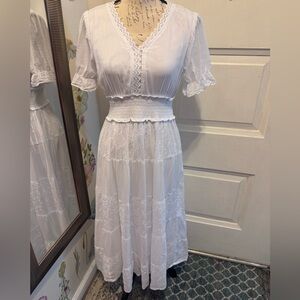 White Smocked-Waist Midi Dress with Lace Trim